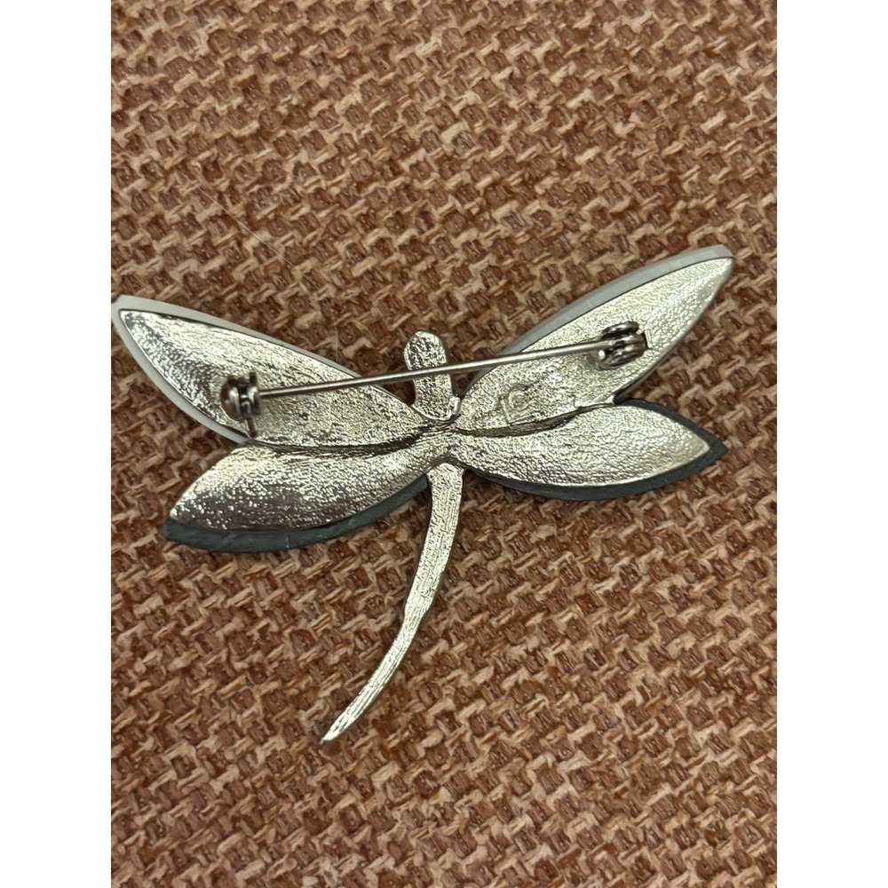 Silver Tone Dragonfly Brooch Mother of Pearl Abalone Shell Inlay Pin 2 Inch - Picture 3 of 4